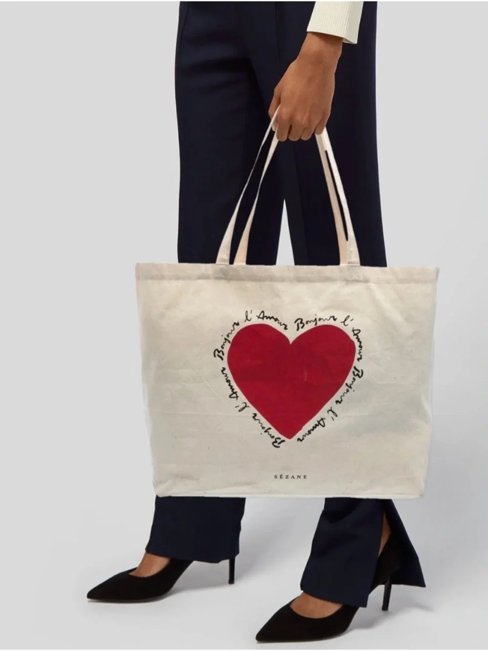 Sezane Limited Edition Canvas Heart Tote Bag, Ivory, Red Heart, Never Used, NEW